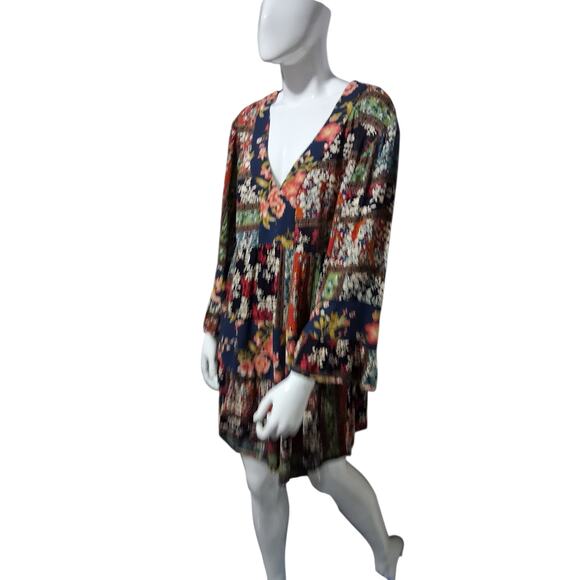 Entro Patchwork Floral Women's size Large Bohemian Cottagecore Bell Sleeve Dress - Picture 2 of 11